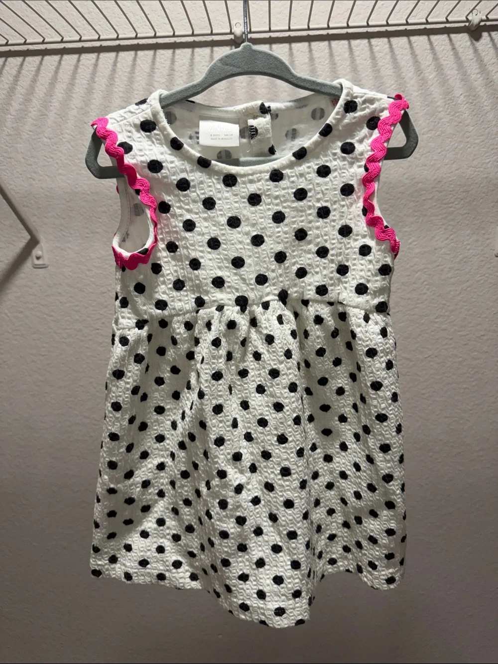 Zara Toddler/Girl White Polka Dot Dress with Black Spots and Pink Trim Size 4T